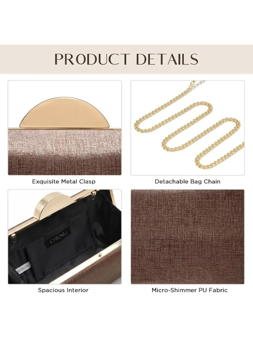 👜 Women's Chocolate Champagne Clutch Formal Elegance Evening Glitter Handbags